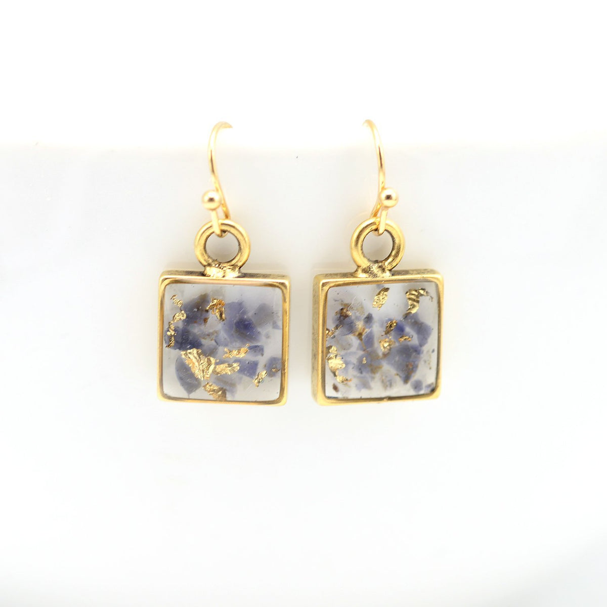 crushed iolite and gold leaf earrings