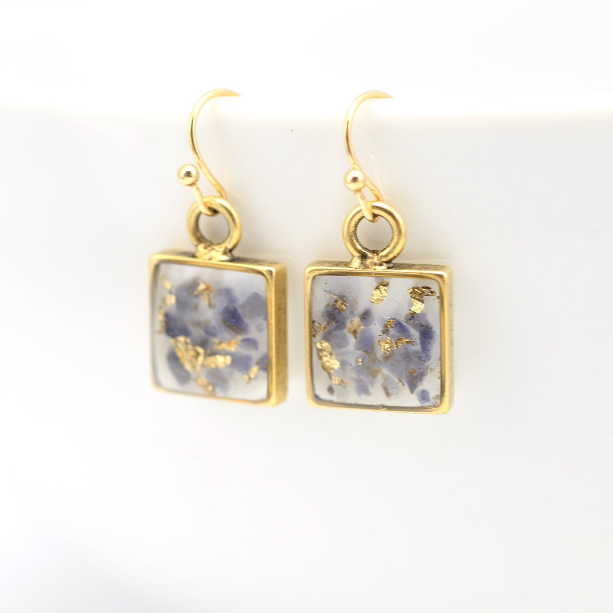 crushed iolite and gold leaf earrings