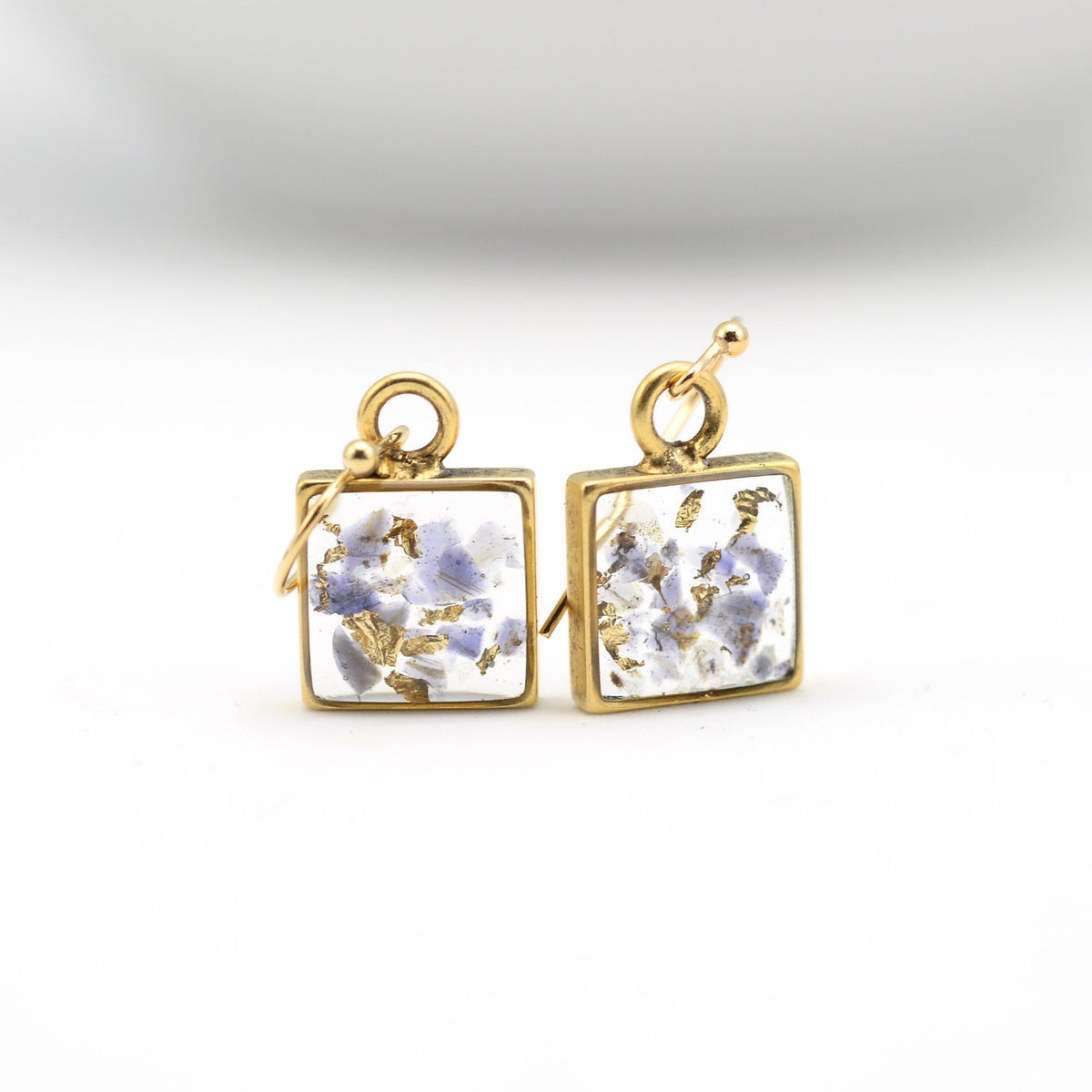crushed iolite and gold leaf earrings
