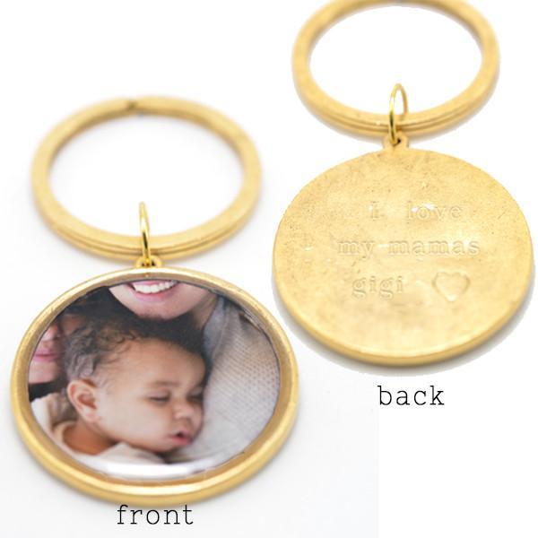 Round Photo Key Chain with Hand Stamped Message on Back