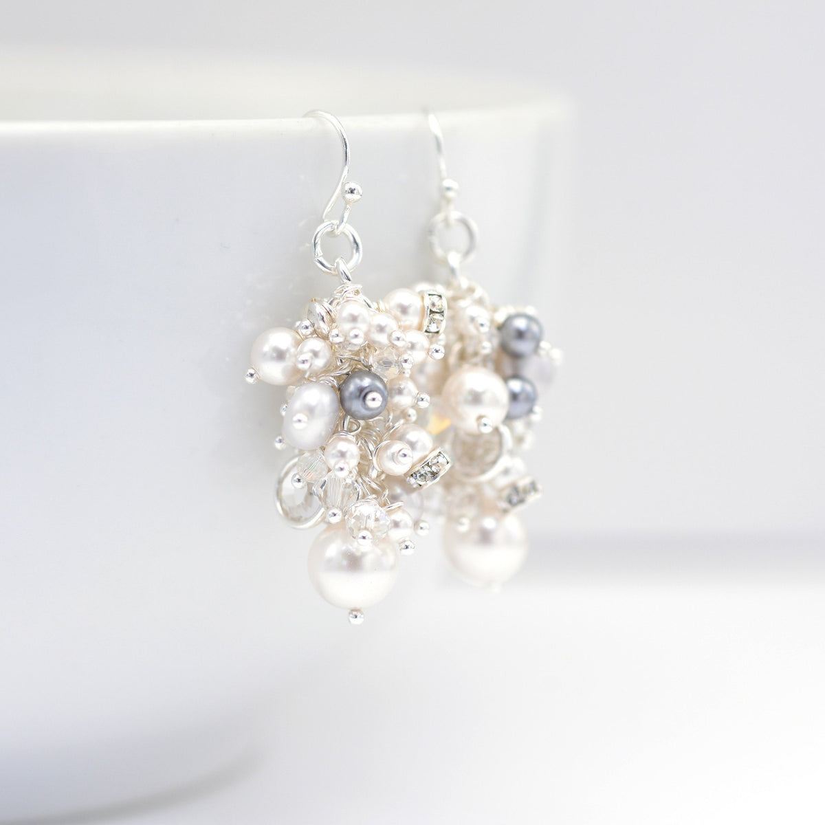 Pearl Cluster Drop Earrings Ivory & Grey