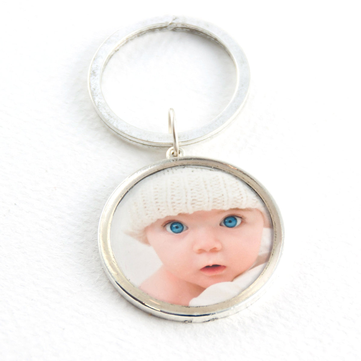 Round Photo Key Chain with Hand Stamped Message on Back