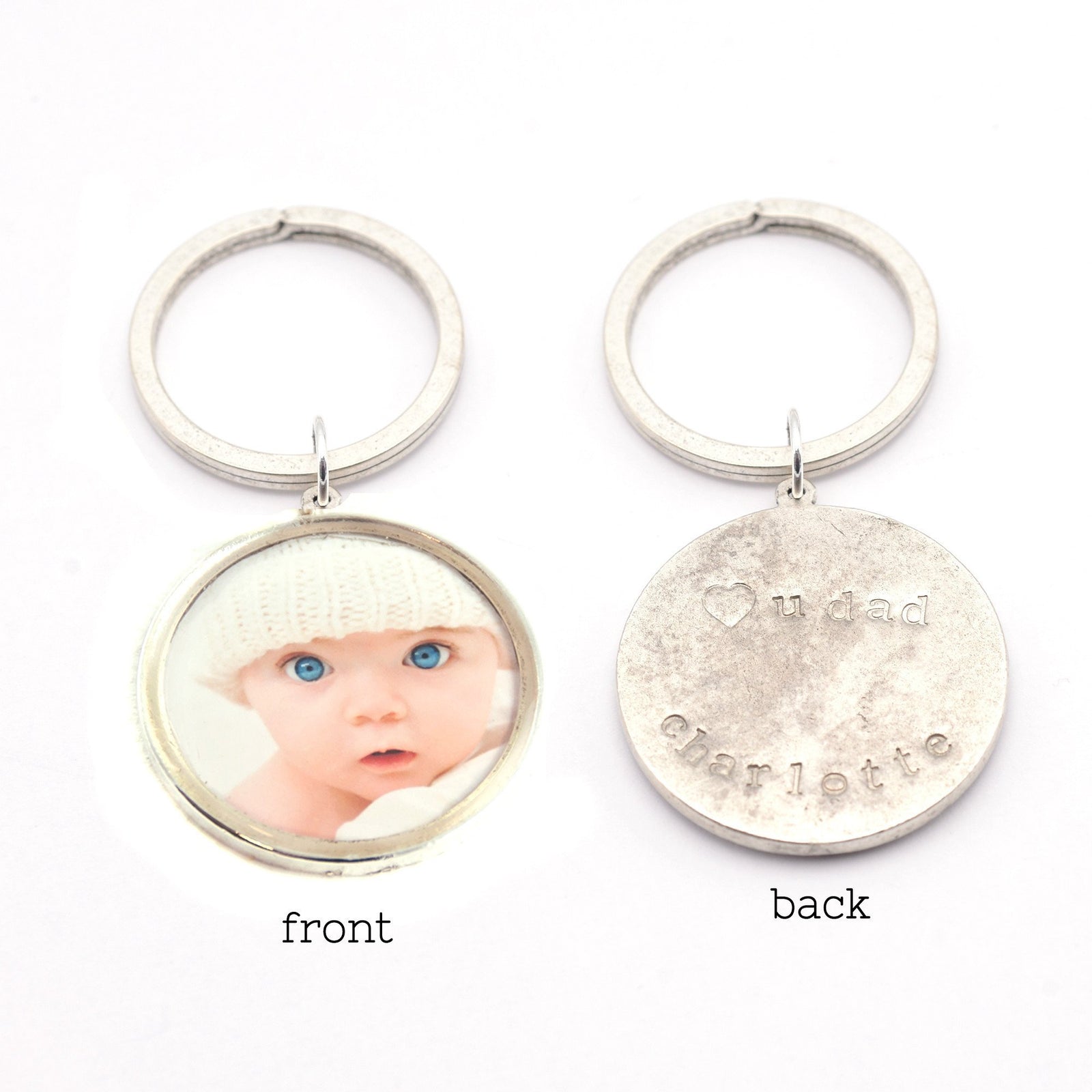 Round Photo Key Chain with Hand Stamped Message on Back