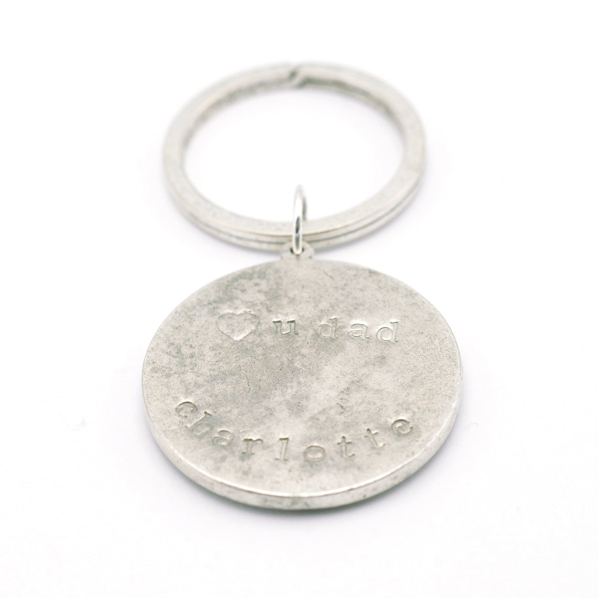 Round Photo Key Chain with Hand Stamped Message on Back