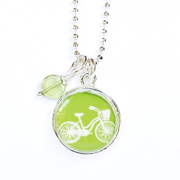 green apple bicycle necklace