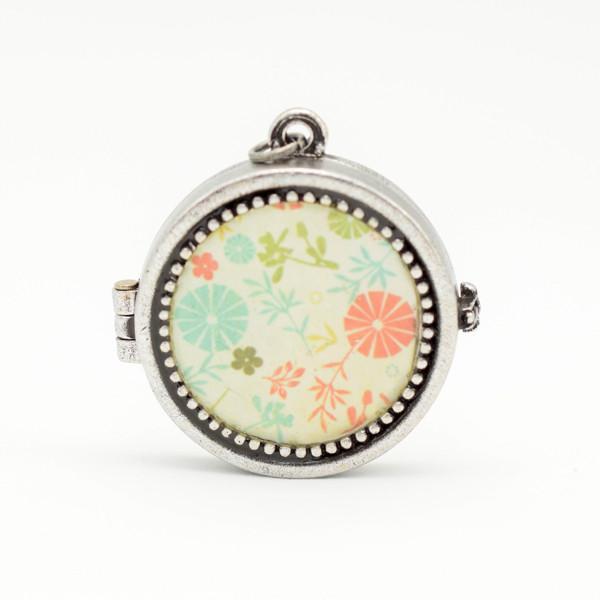 Aqua and coral floral silver locket