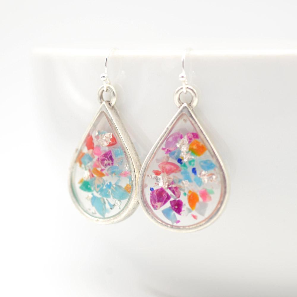Teardrop Crushed Gemstone Earrings in Silver