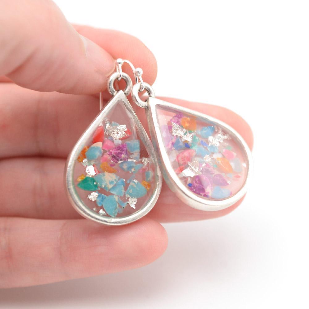 Teardrop Crushed Gemstone Earrings in Silver