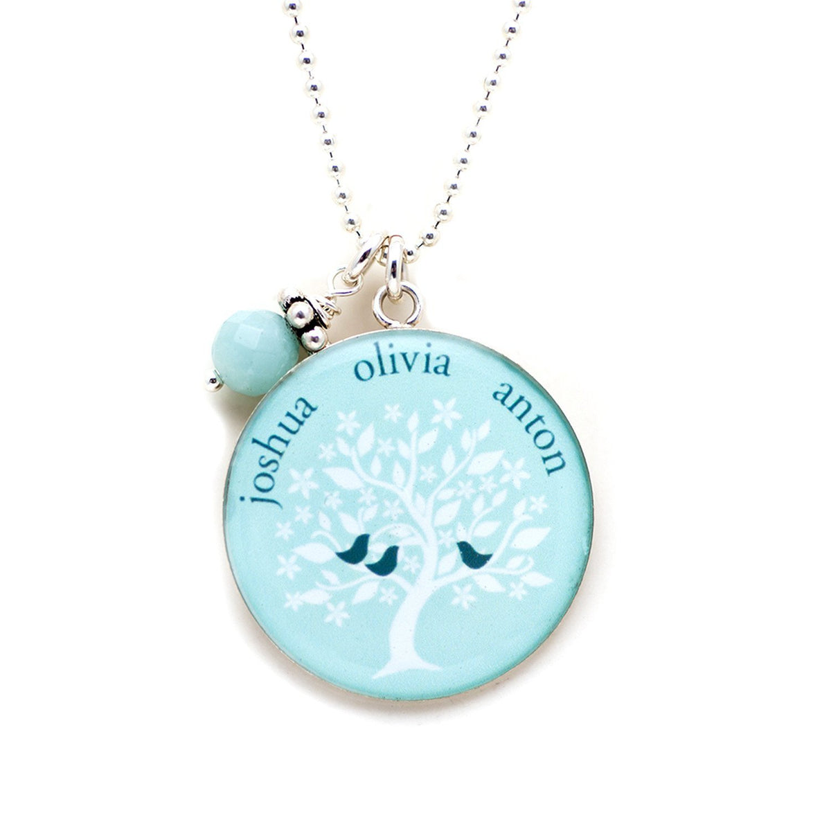 Aquamarine family tree necklace with cobalt birds