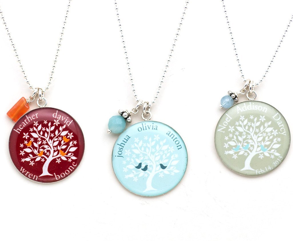 Family tree necklaces with gemstones