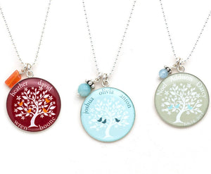 Family tree necklaces with gemstones