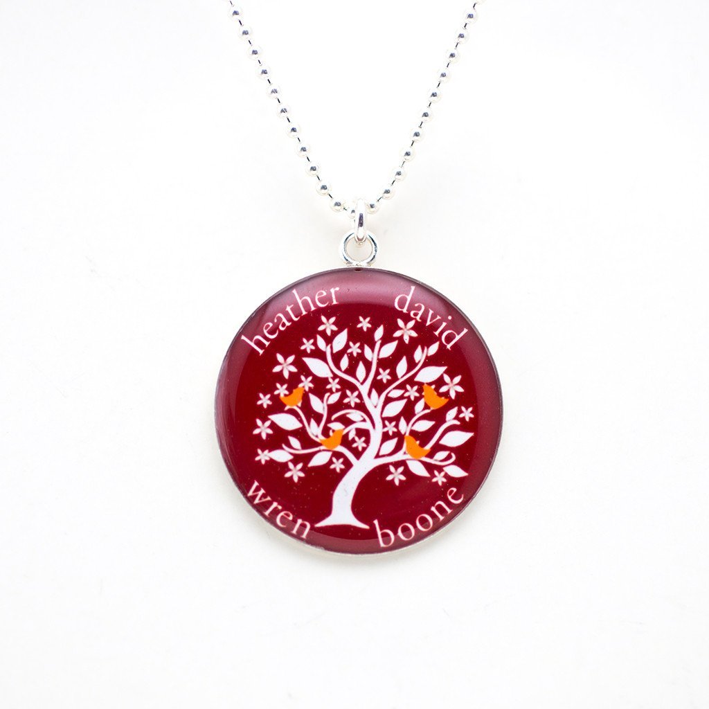 Crimson family tree necklace with tangerine birds