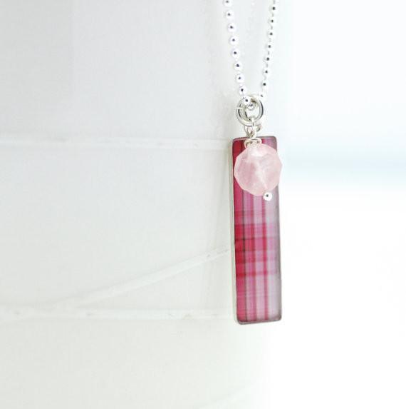 Pink Plaid Tag Necklace