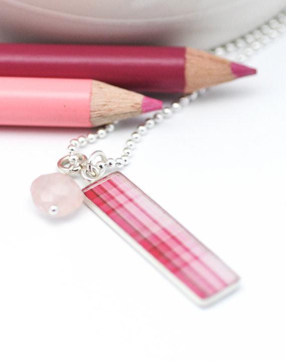 Pink Plaid Tag Necklace