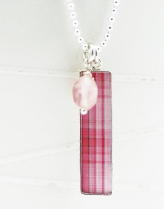 Pink Plaid Tag Necklace