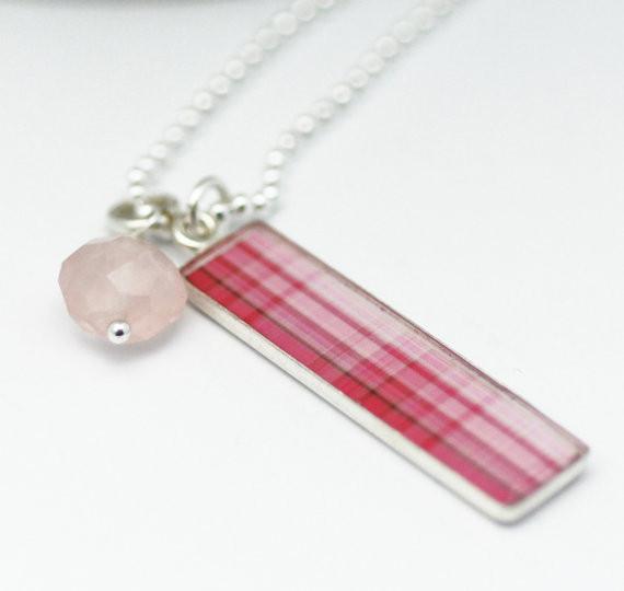 Pink Plaid Tag Necklace